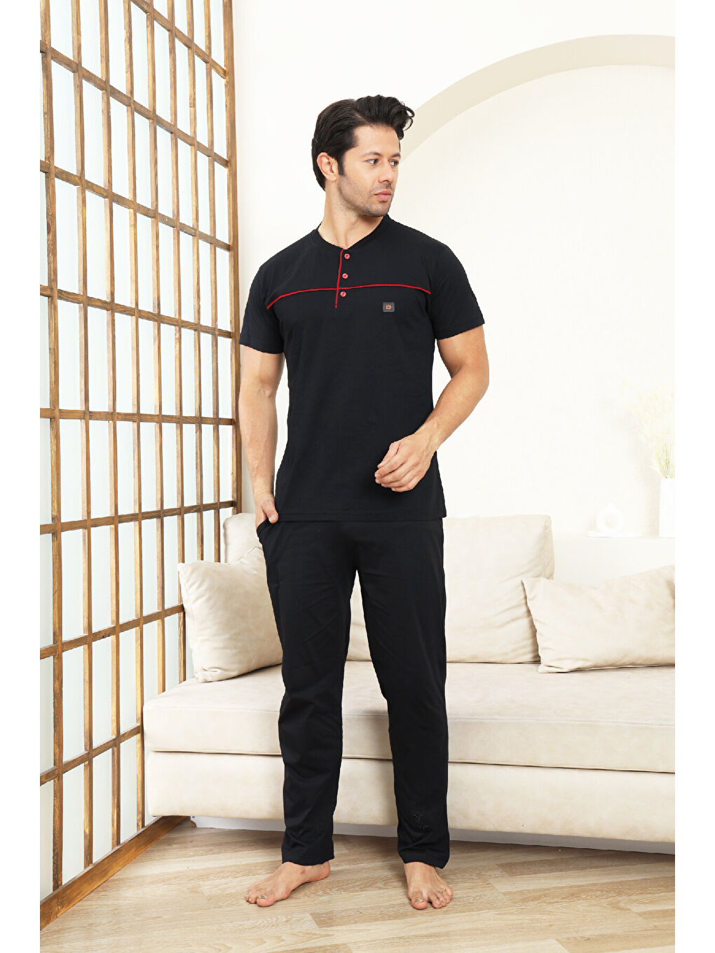 Siyah Erkek Pijama Takımı -%100 Pamuk -3 Düğmeli-Yaka Roba Biyeli 12608-2