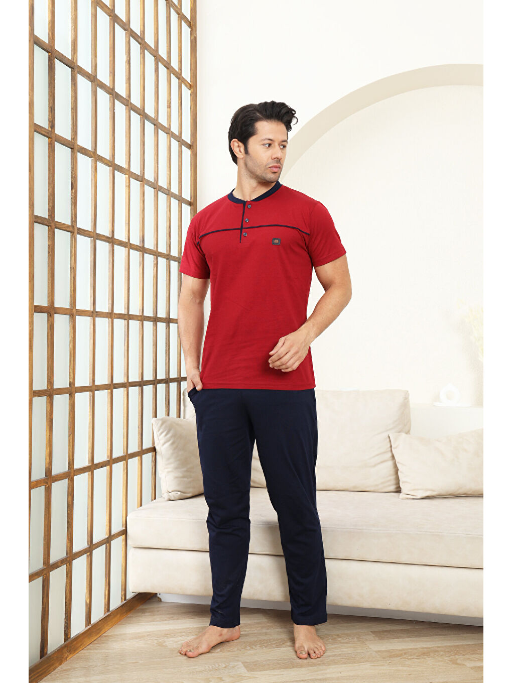 Bordo Erkek Pijama Takımı -%100 Pamuk -3 Düğmeli-Yaka Roba Biyeli 12608