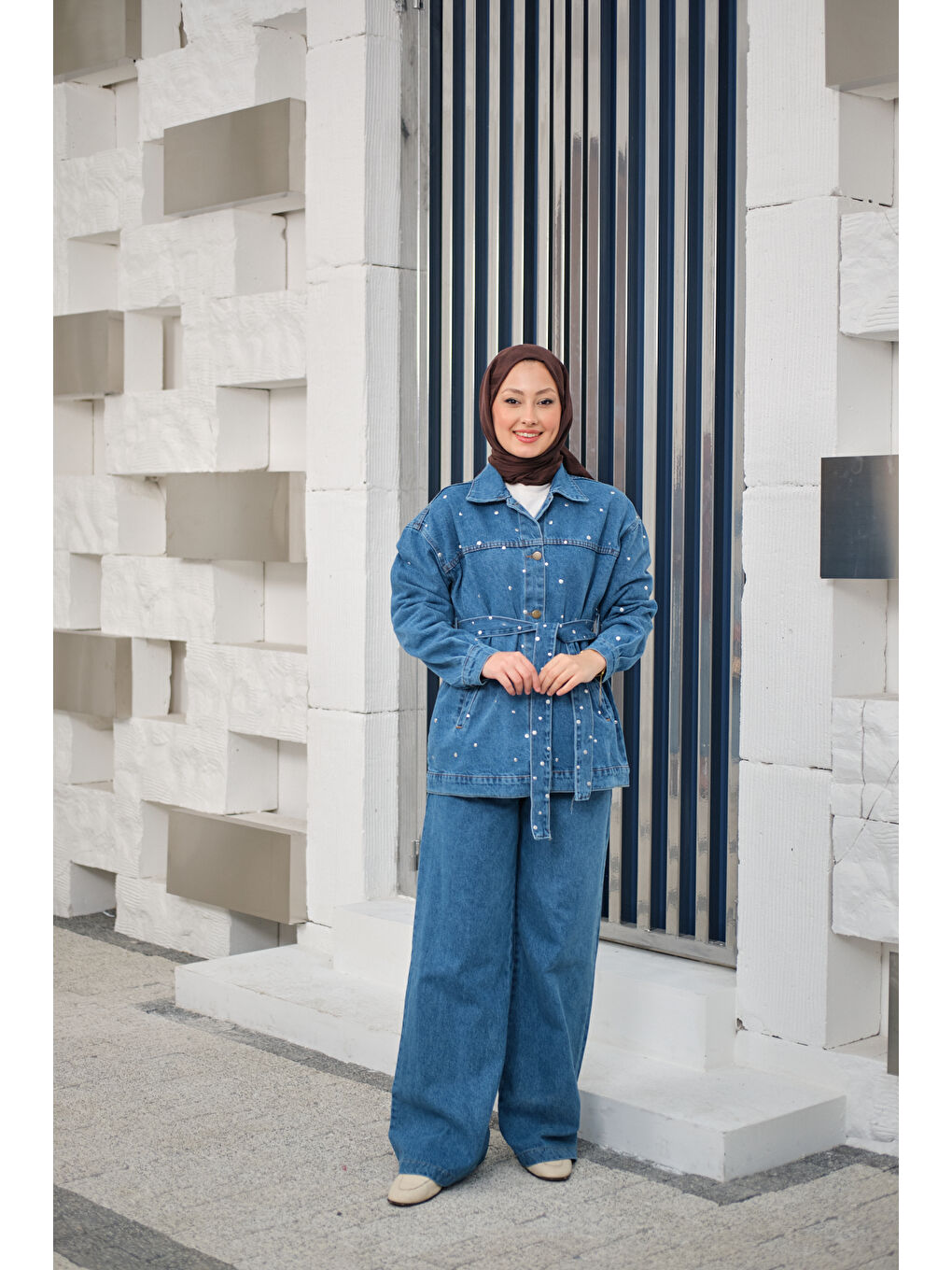 Kadın Taş Detaylı Jean Takım Buz Mavi-2