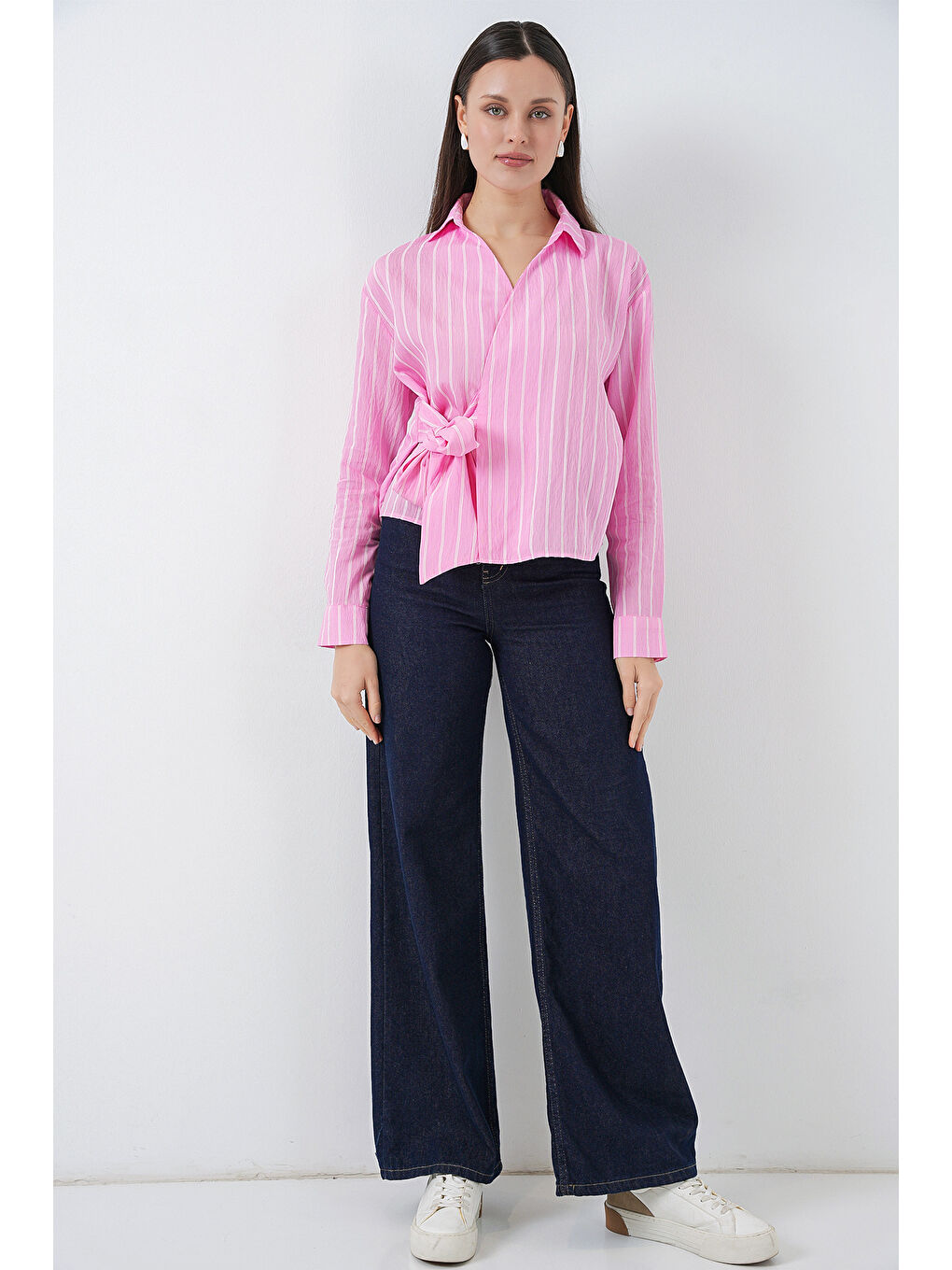 Kadın Önü Bağlamalı Çizgili Gömlek 20362 - Pembe-1
