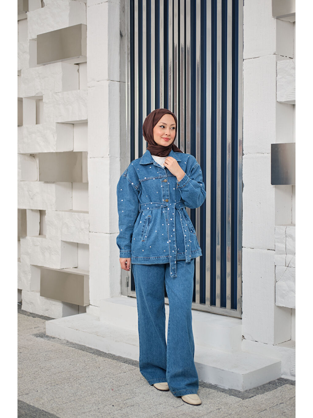 Kadın Taş Detaylı Jean Takım Buz Mavi-3