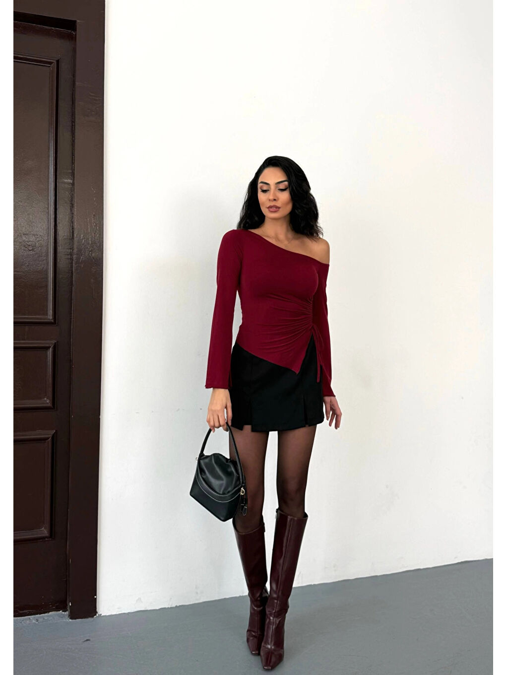 Kadın Bordo Asimetrik Kesim İspanyol Kol Beli Büzgülü Sandy Bluz HZL25W-FRY123591-2