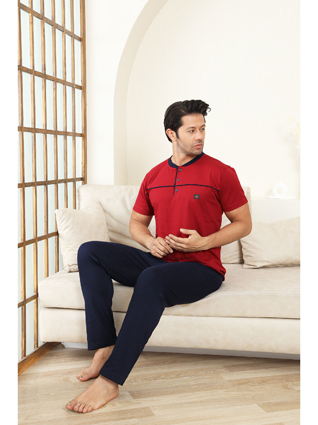 Bordo Erkek Pijama Takımı -%100 Pamuk -3 Düğmeli-Yaka Roba Biyeli 12608-1