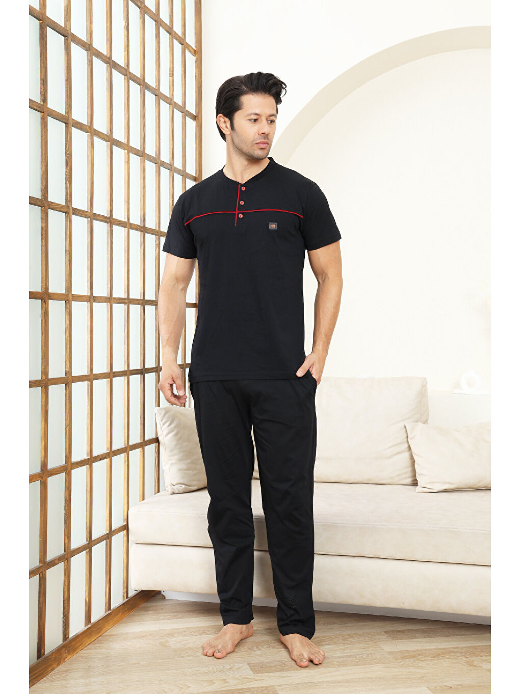 Siyah Erkek Pijama Takımı -%100 Pamuk -3 Düğmeli-Yaka Roba Biyeli 12608-3