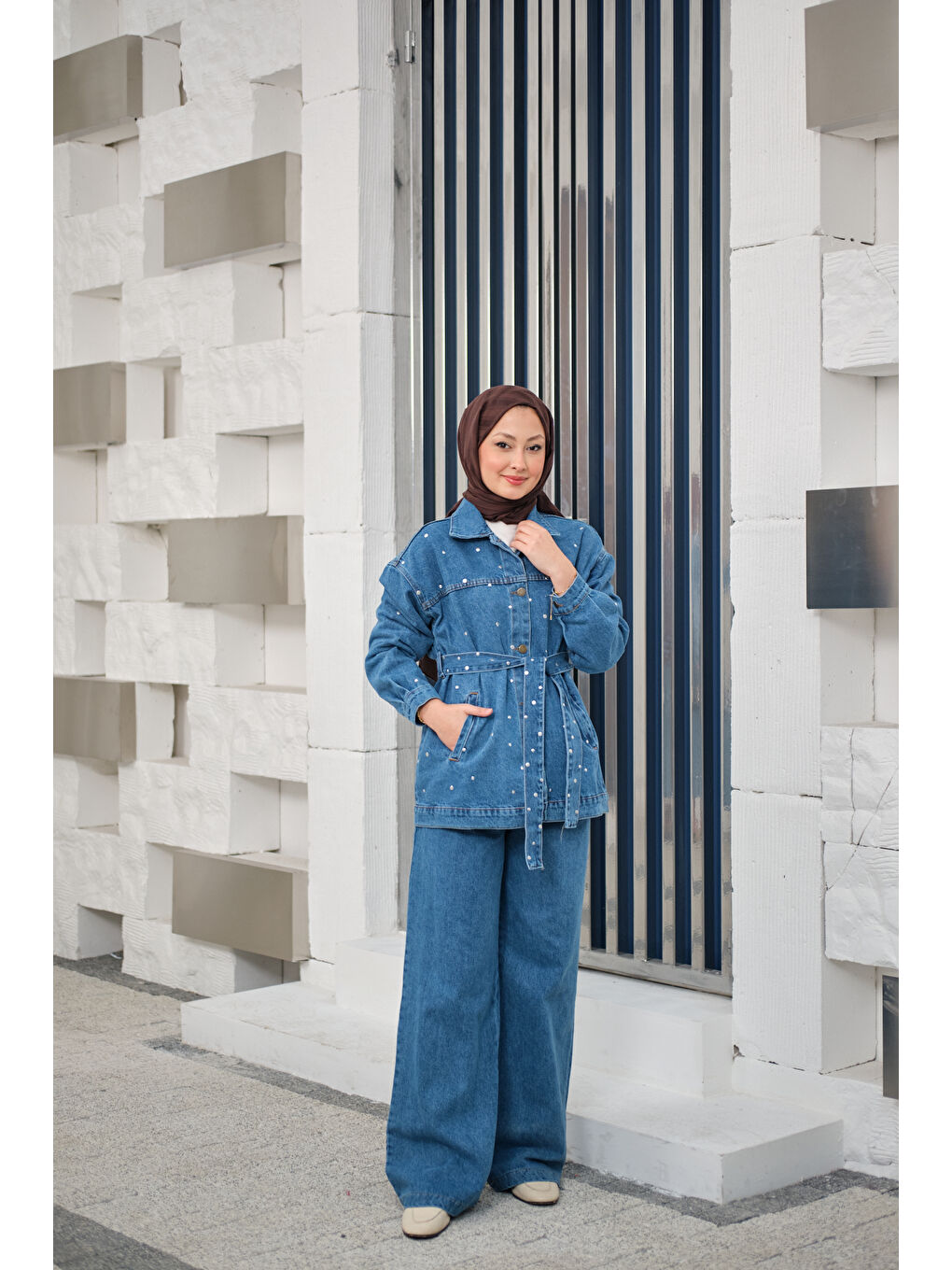 Kadın Taş Detaylı Jean Takım Buz Mavi-4