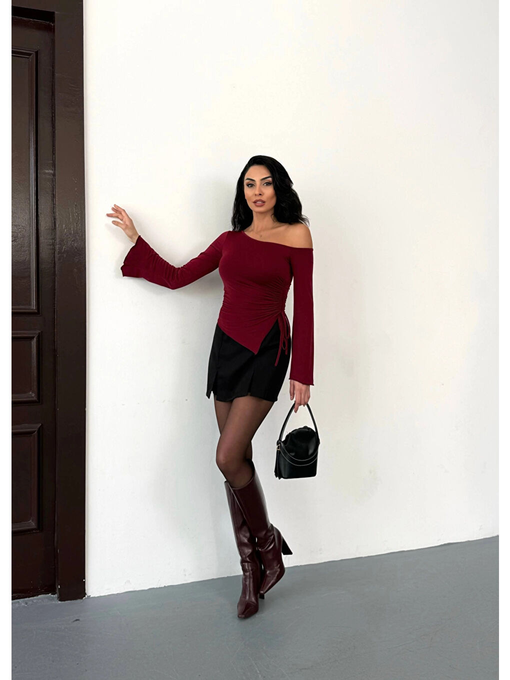 Kadın Bordo Asimetrik Kesim İspanyol Kol Beli Büzgülü Sandy Bluz HZL25W-FRY123591-3