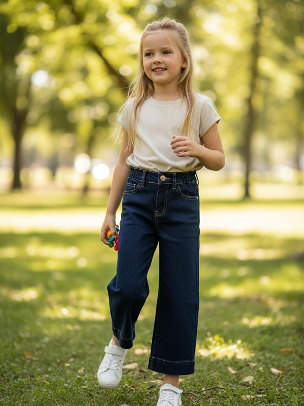 Kız Çocuk Elastanlı Mavi Mid Rise Metalik Cuffed Baggy Jean Pantolon (5-16 yaş)