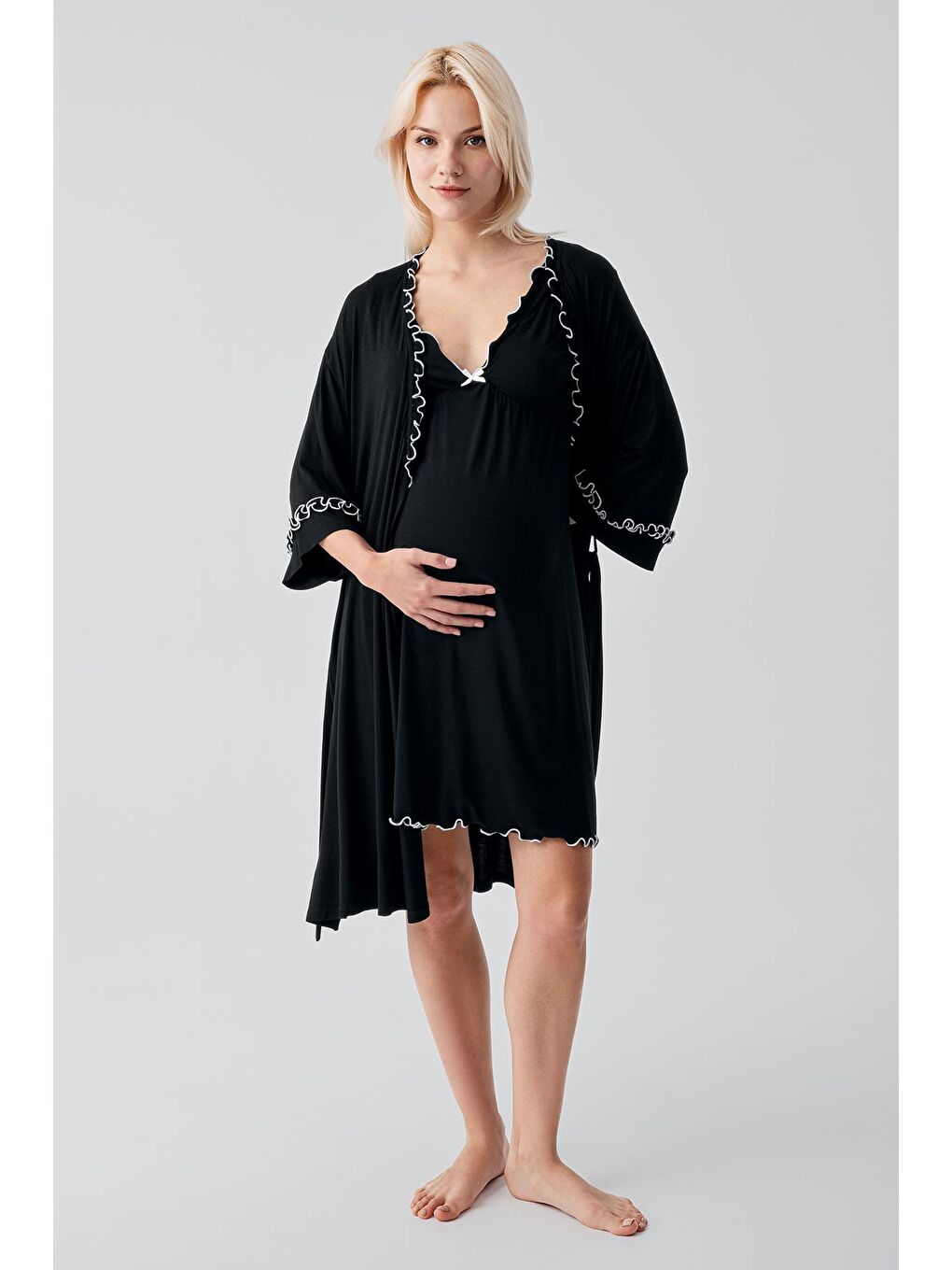 Siyah Askılı Kısa Esnek Elastanlı Viskoz Soft Hamile Sabahlık Gecelik Takım 19400-1