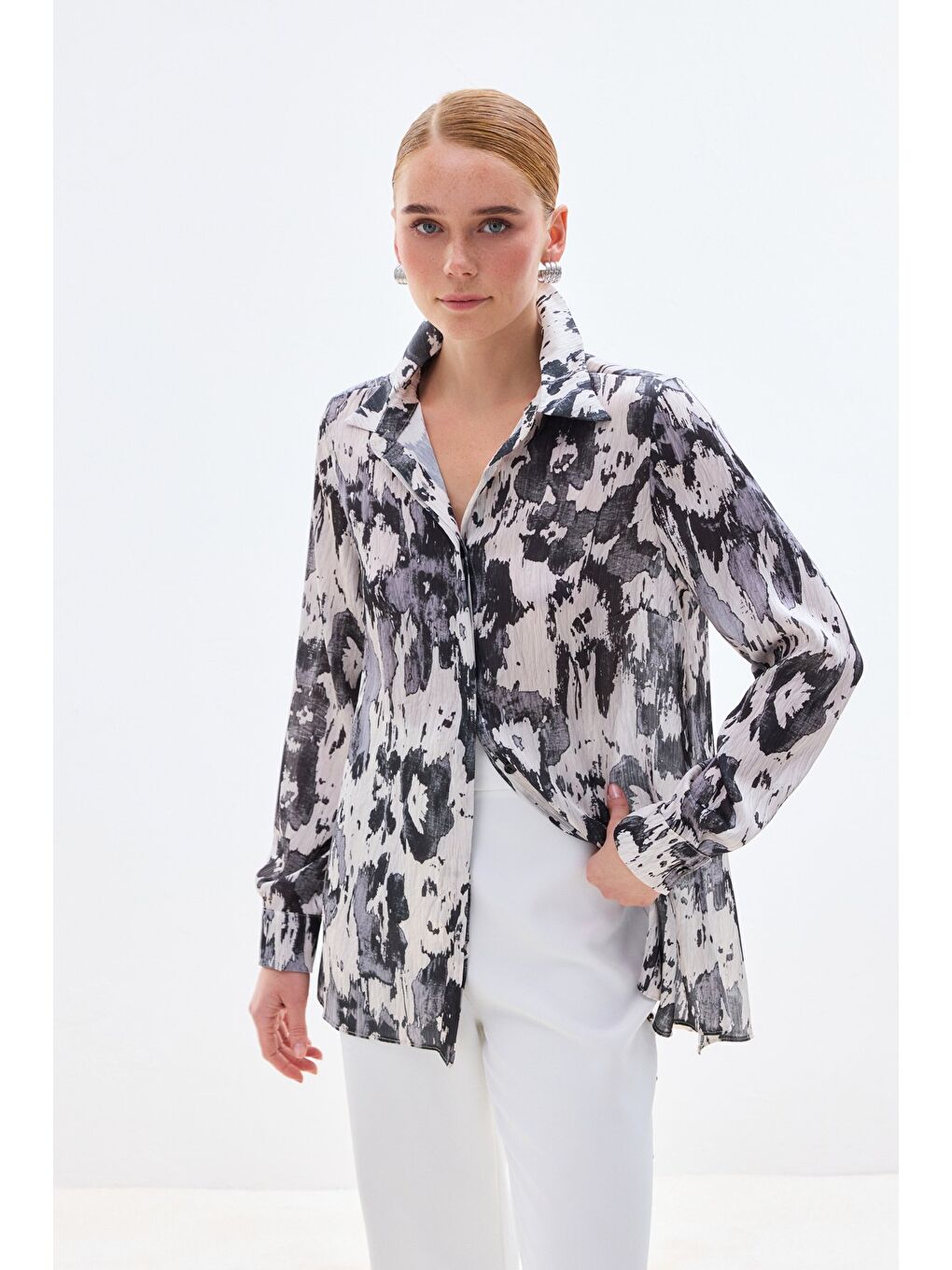 Desenli Düz Kesim Gömlek - Siyah-1