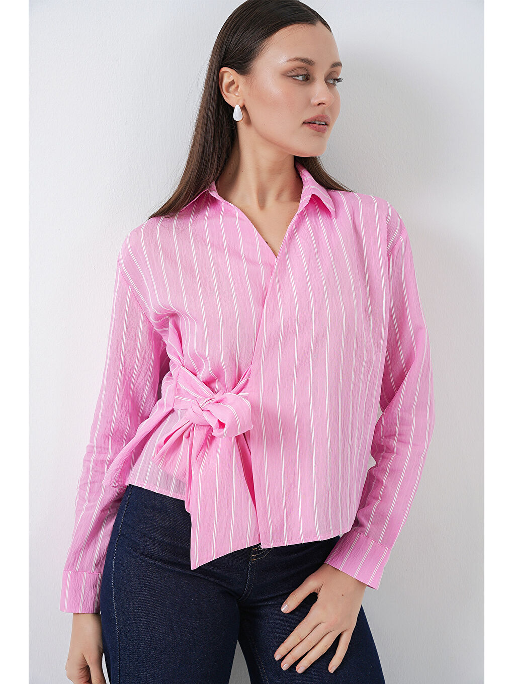 Kadın Önü Bağlamalı Çizgili Gömlek 20362 - Pembe-2