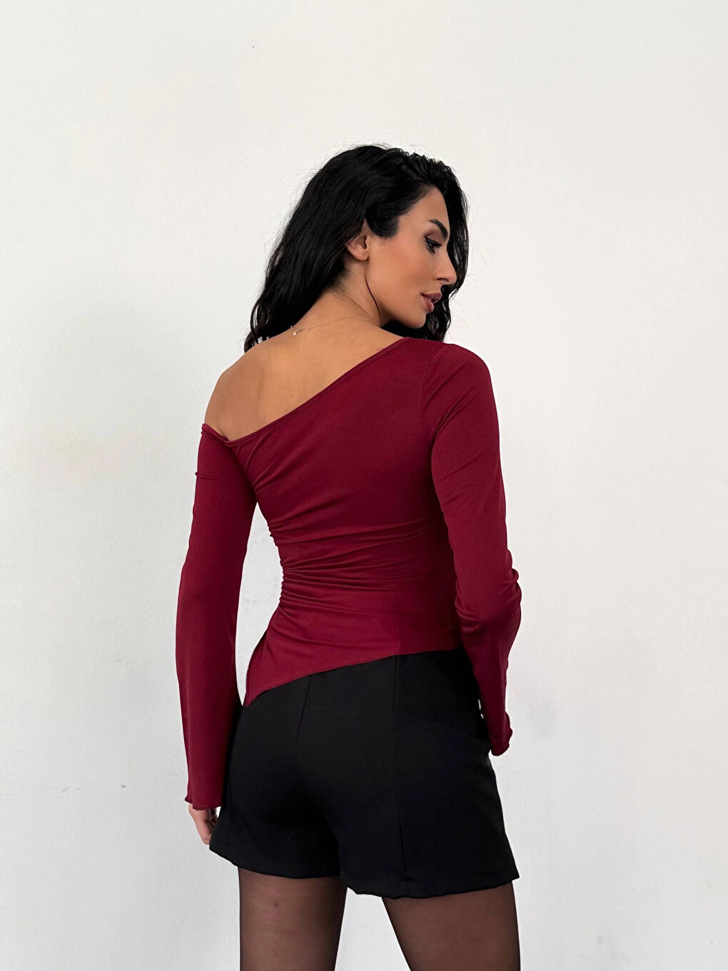 Kadın Bordo Asimetrik Kesim İspanyol Kol Beli Büzgülü Sandy Bluz HZL25W-FRY123591-4