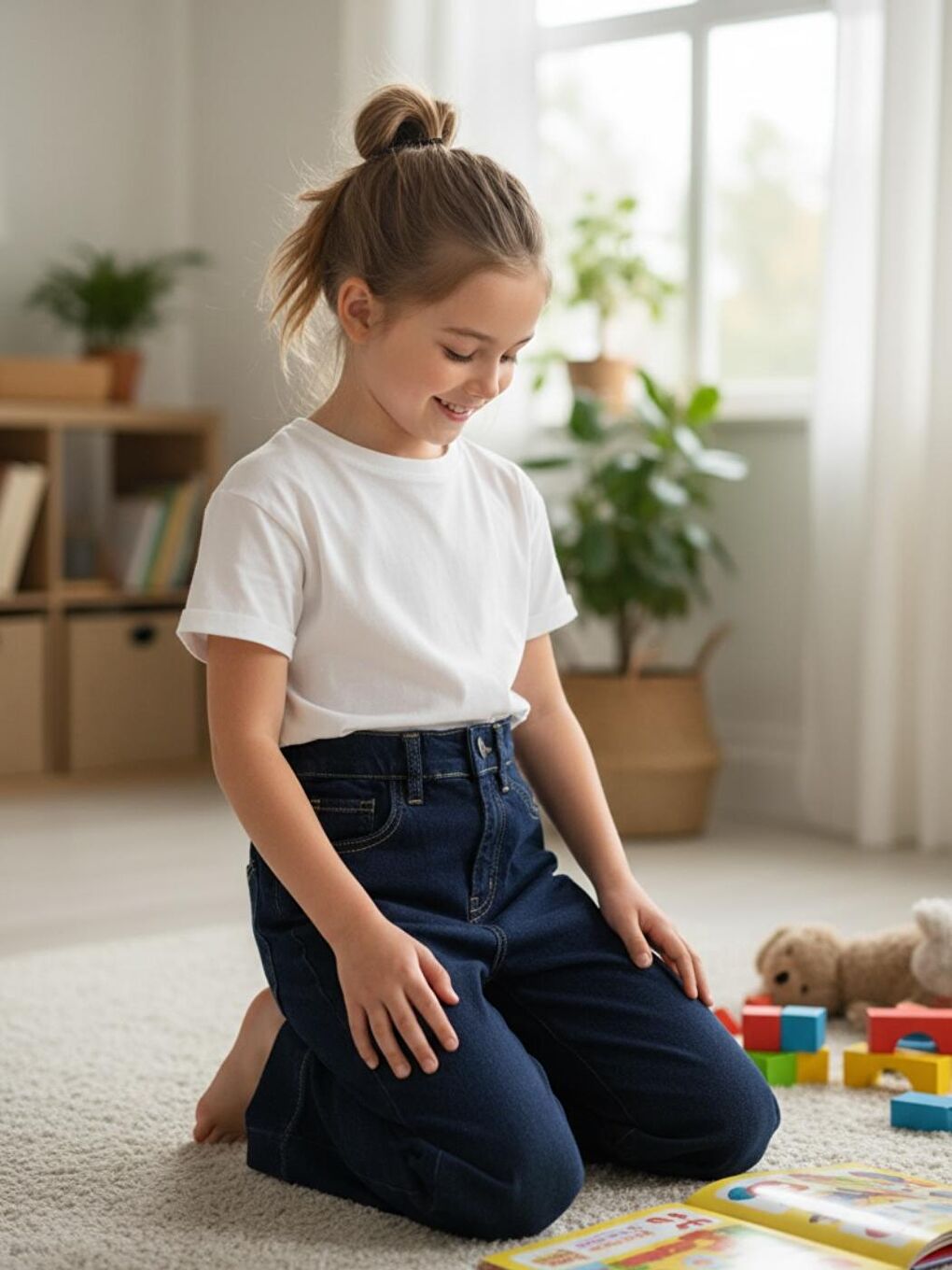 Kız Çocuk Elastanlı Mavi Mid Rise Metalik Cuffed Baggy Jean Pantolon (5-16 yaş)-1