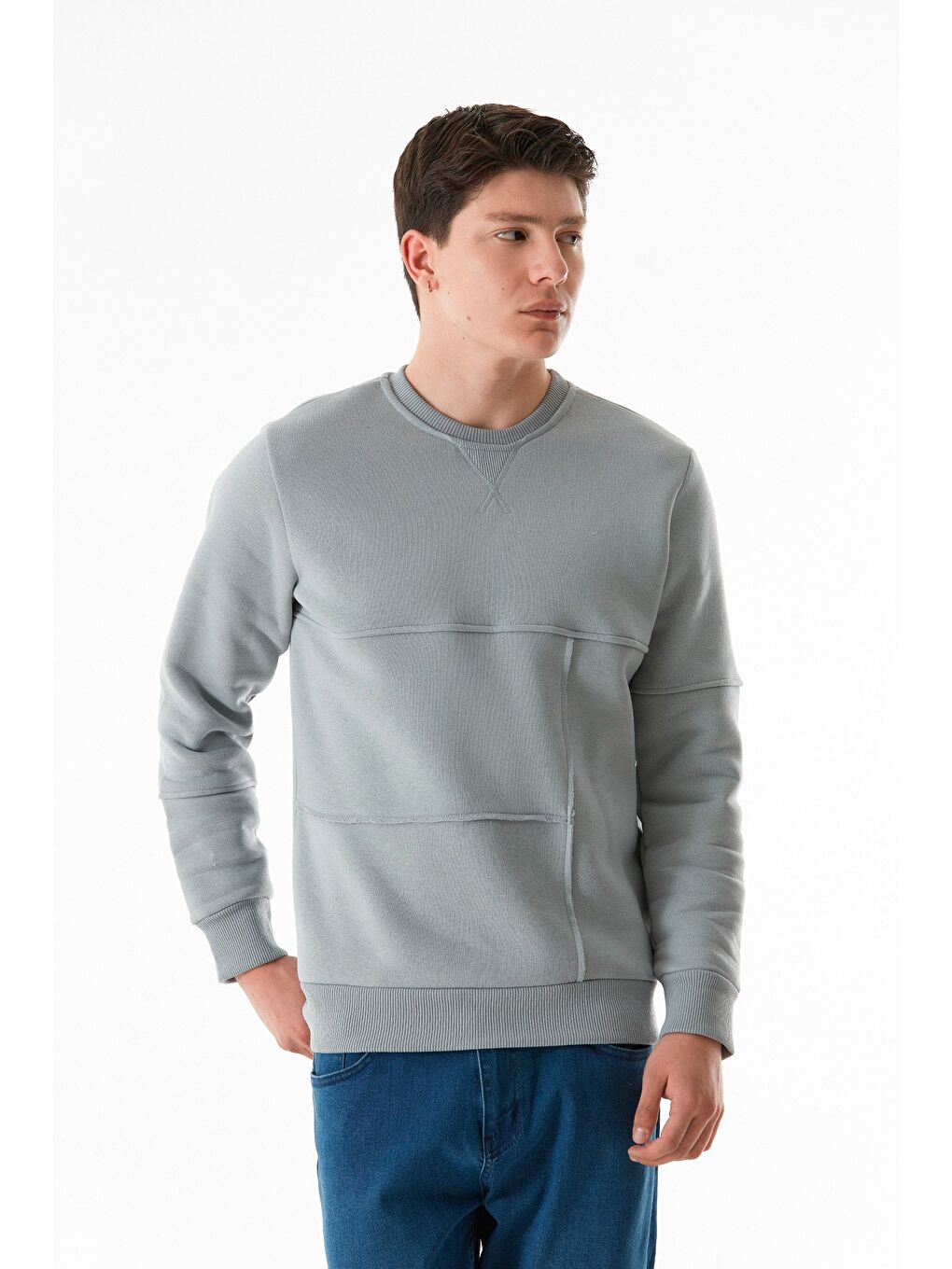 Fullamoda Gri 3 İplik Basic Bisiklet Yaka Sweatshirt