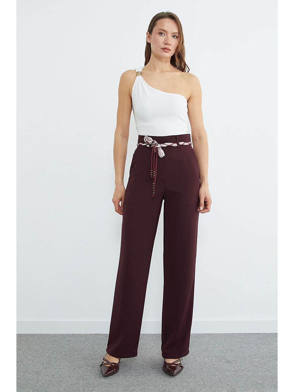 Mürdüm Kemer Detaylı Yüksek Bel Palazzo Pantolon