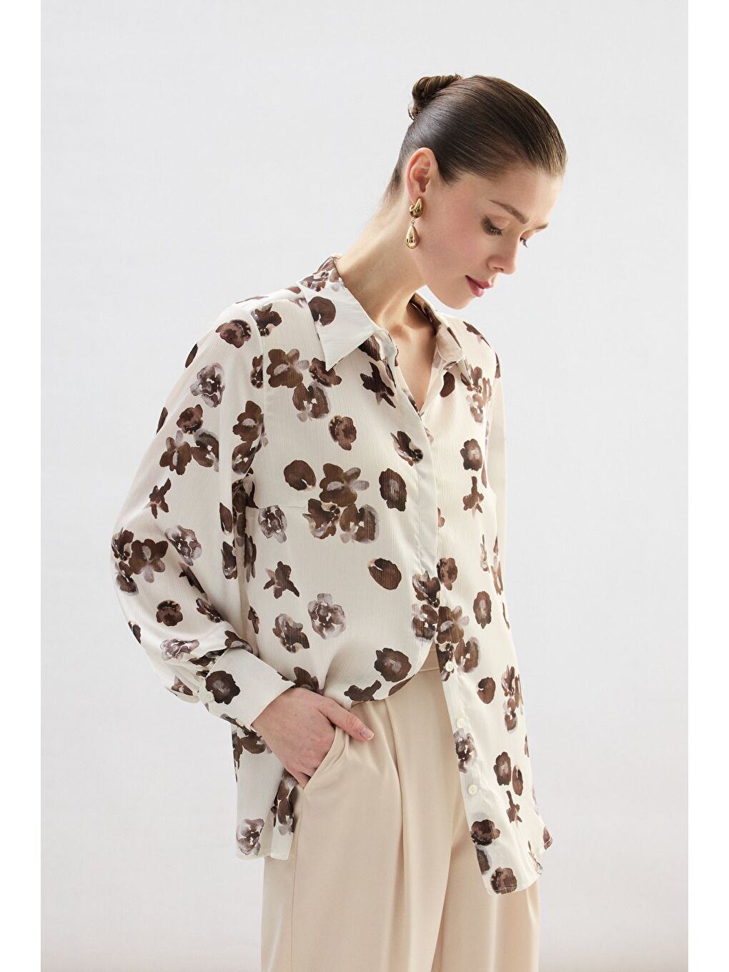 Kahverengi Desenli Salaş Gömlek - Kahve-3