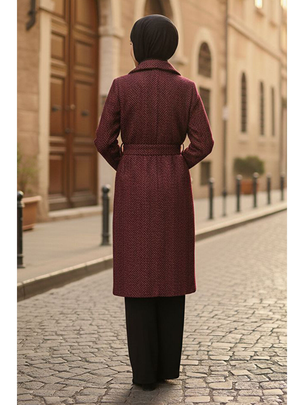 Kırmızı Desenli Kuşaklı Kaşe Kaban Kirmizi - 28095-KIRMIZI-2