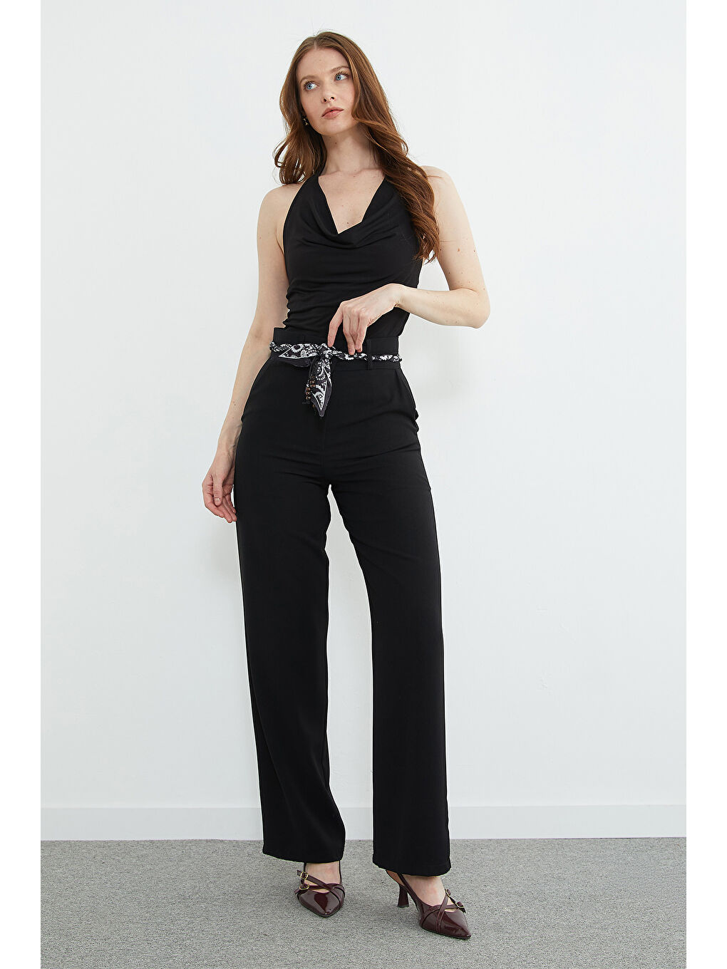 Siyah Kemer Detaylı Yüksek Bel Palazzo Pantolon-2