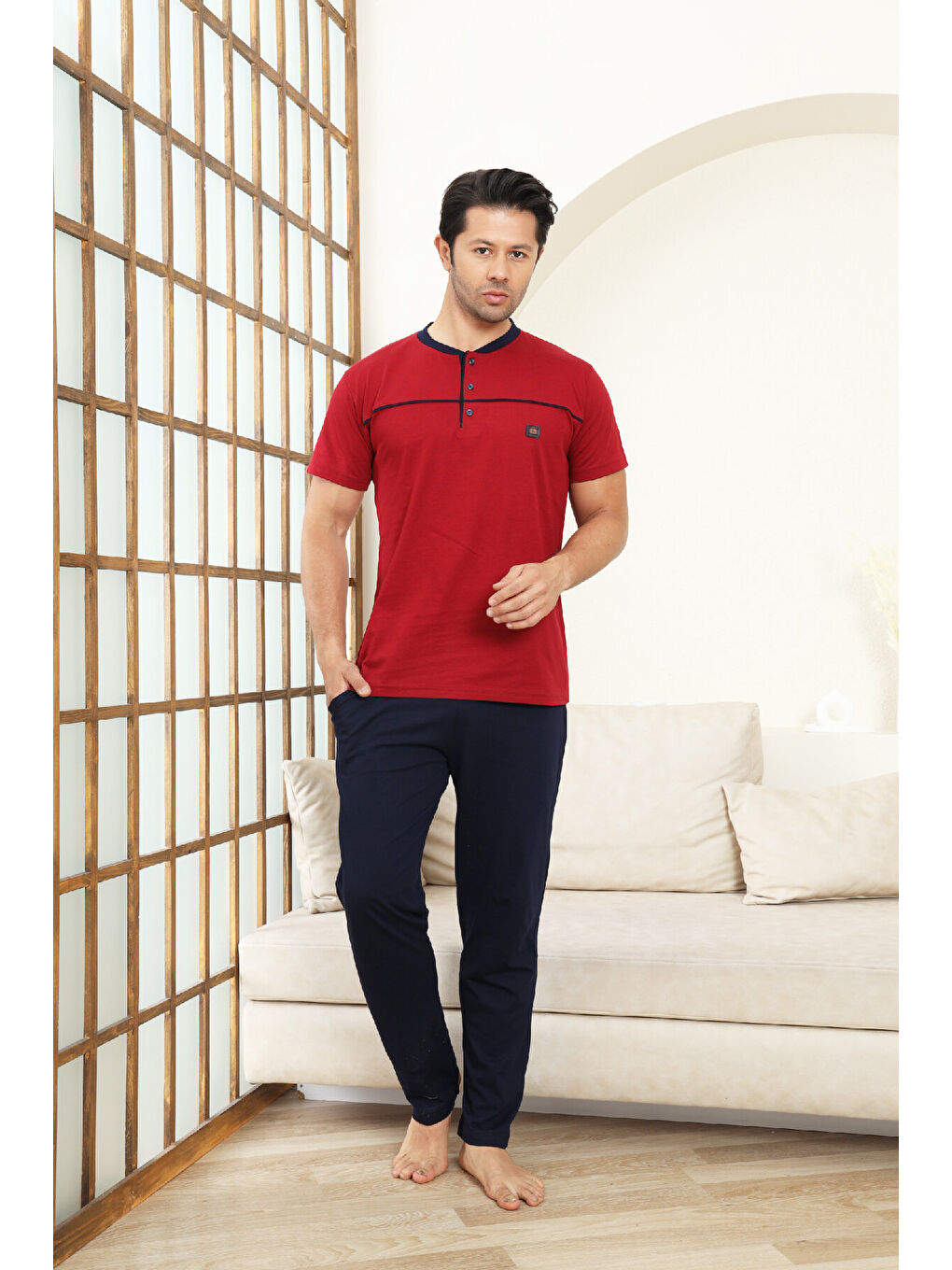 Bordo Erkek Pijama Takımı -%100 Pamuk -3 Düğmeli-Yaka Roba Biyeli 12608-2