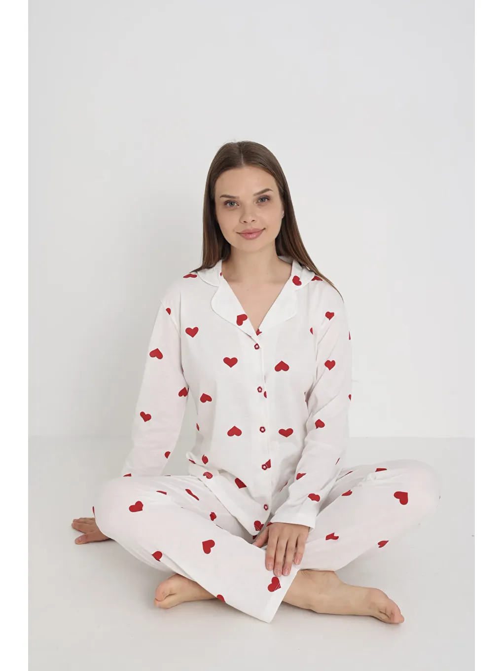 Beyaz Pamuklu Düğmeli Pijama Takım 451-42-1