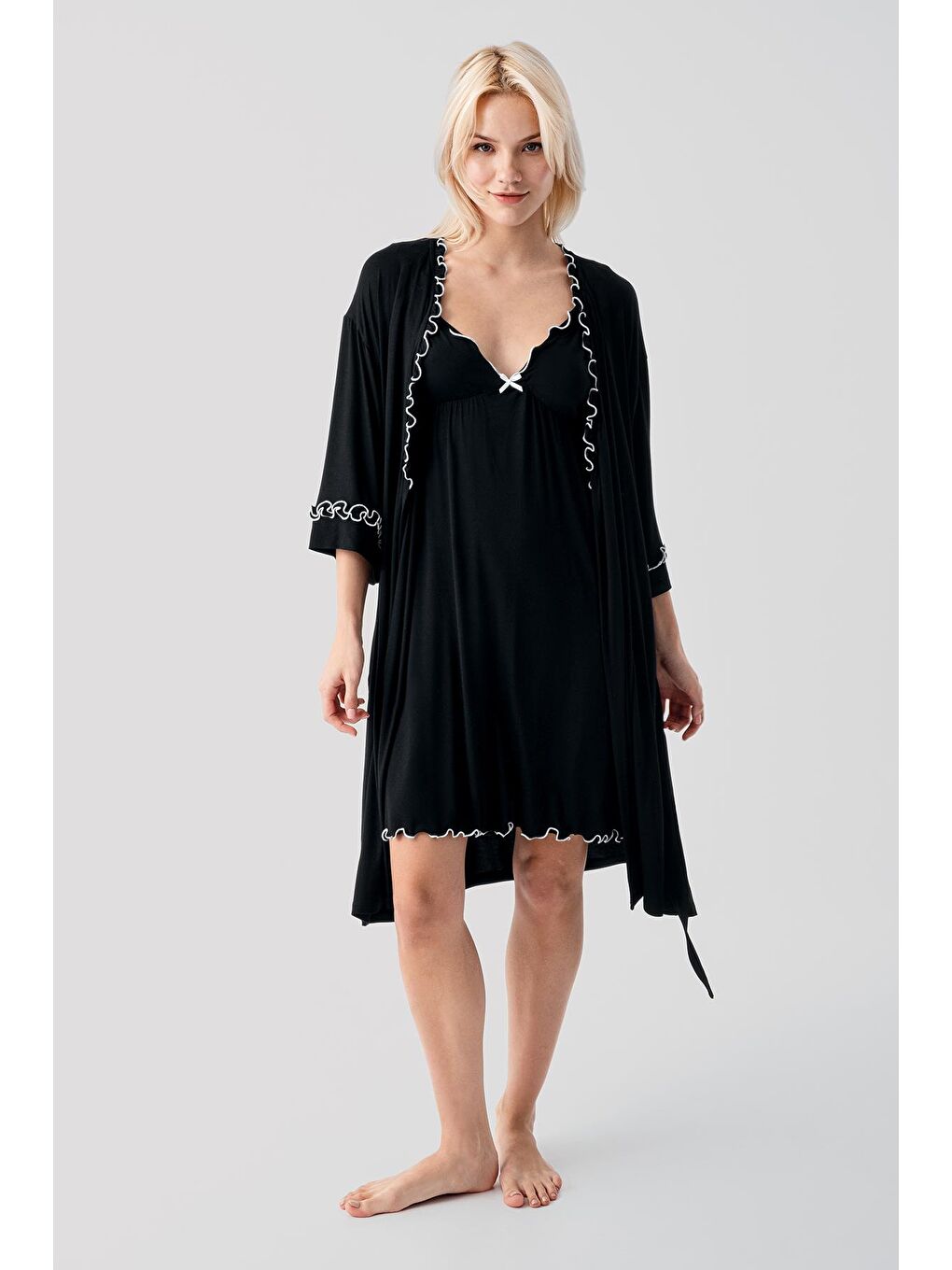 Siyah Askılı Kısa Esnek Elastanlı Viskoz Soft Hamile Sabahlık Gecelik Takım 19400-2