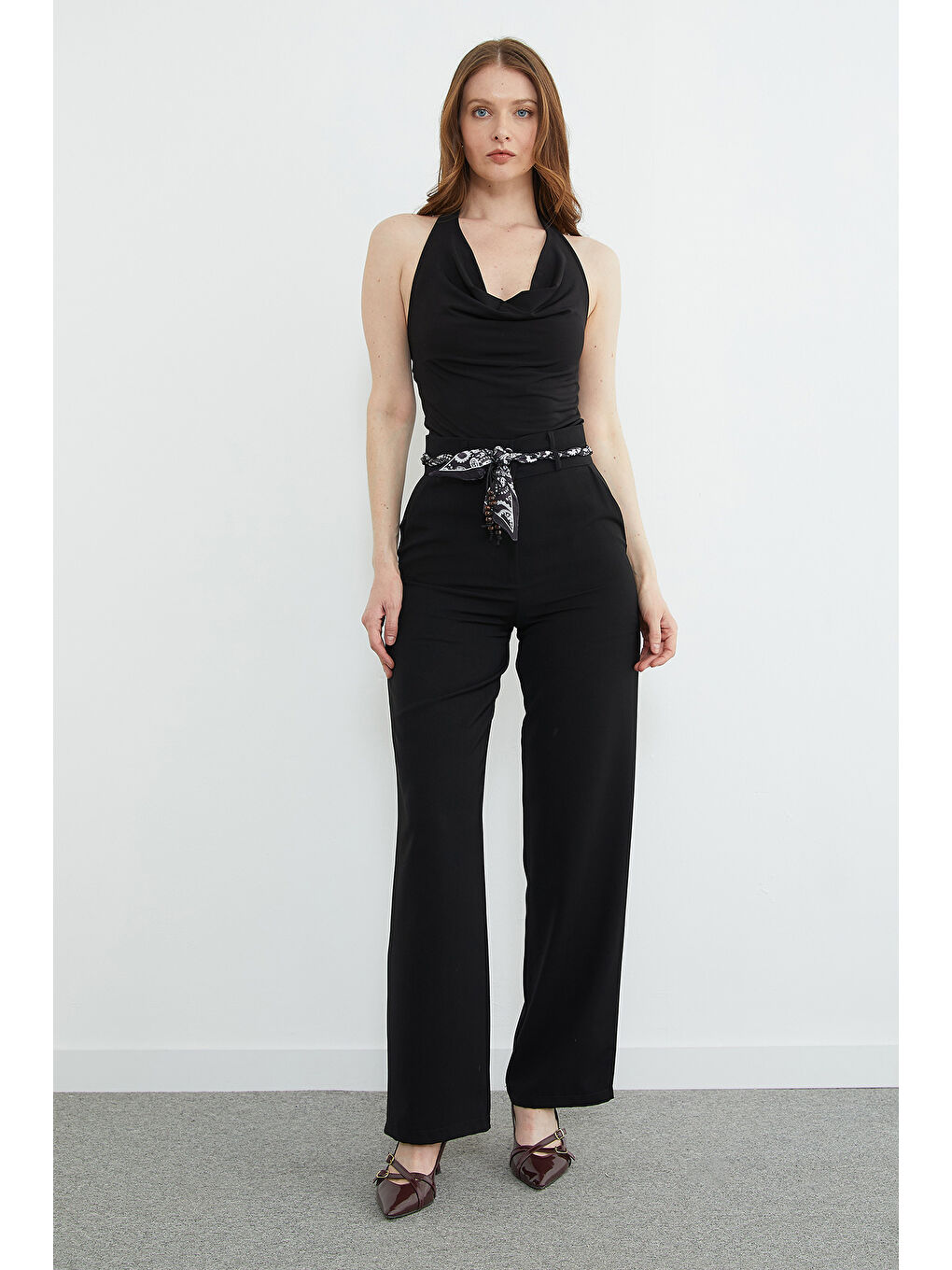 Siyah Kemer Detaylı Yüksek Bel Palazzo Pantolon-3