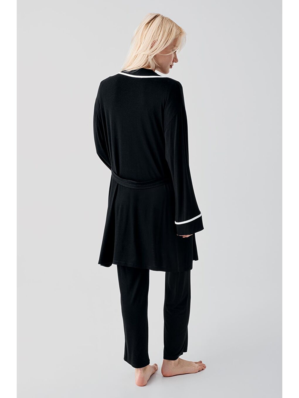 Siyah Kısa Kollu Emzirme Bölmeli Ayarlanabilir Bel Esnek Elastanlı Viskoz Soft Hamile Pijama Takım 19317-7