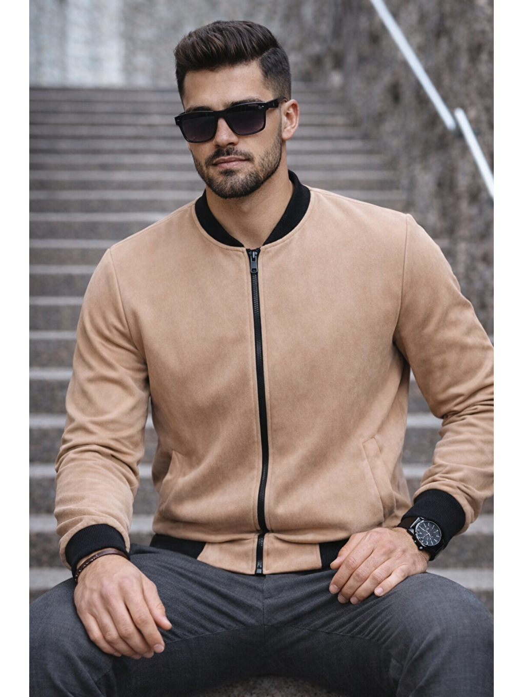 Kahverengi Erkek Basic Dar Kalıp Kahve Nubuk Ceket-3