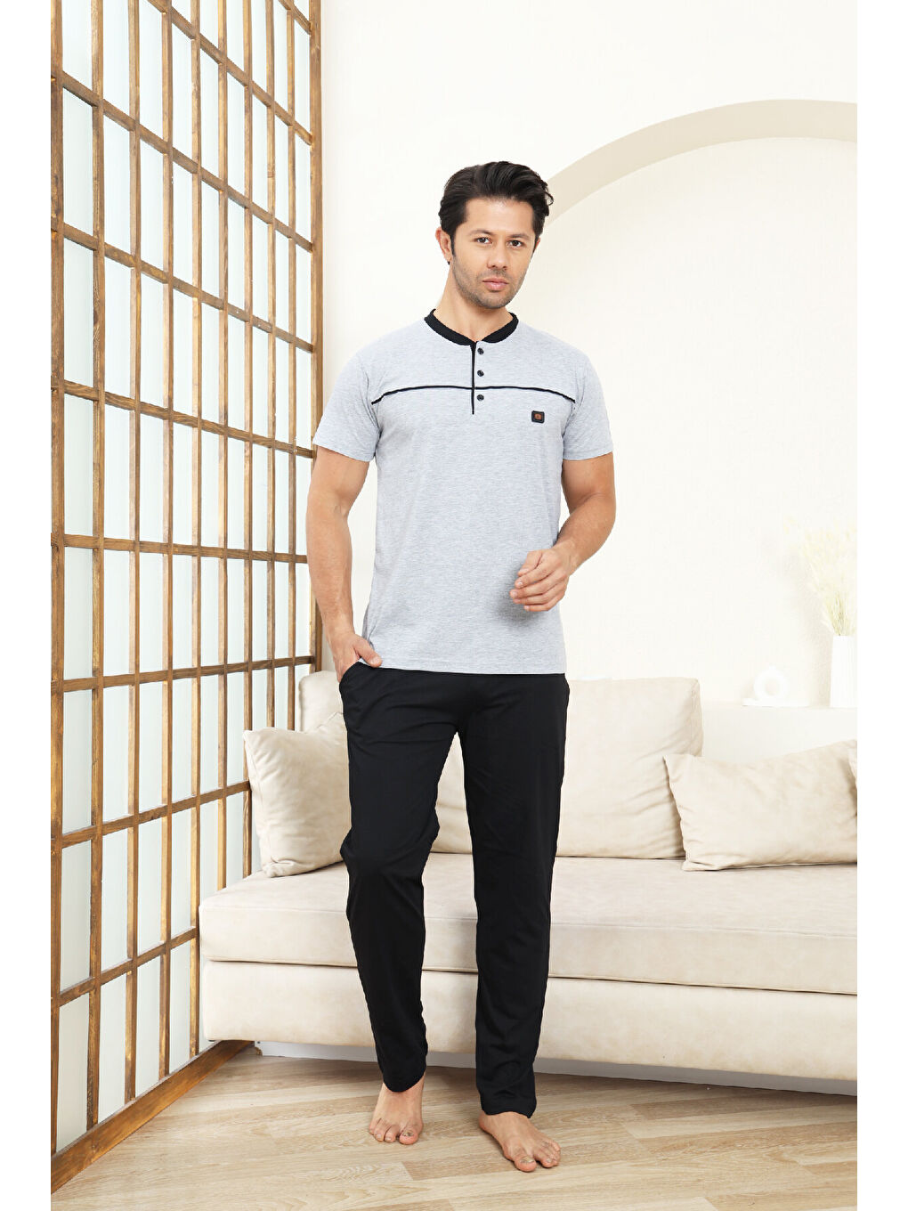 Gri Erkek Pijama Takımı -%100 Pamuk -3 Düğmeli-Yaka Roba Biyeli 12608