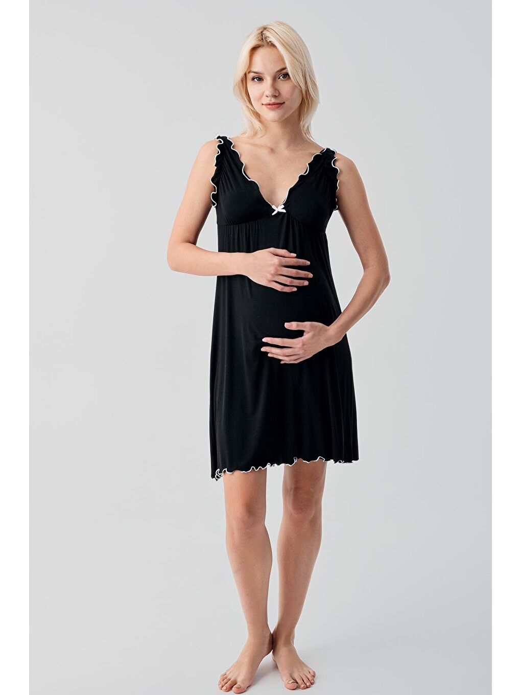 Siyah Askılı Kısa Esnek Elastanlı Viskoz Soft Hamile Sabahlık Gecelik Takım 19400-3