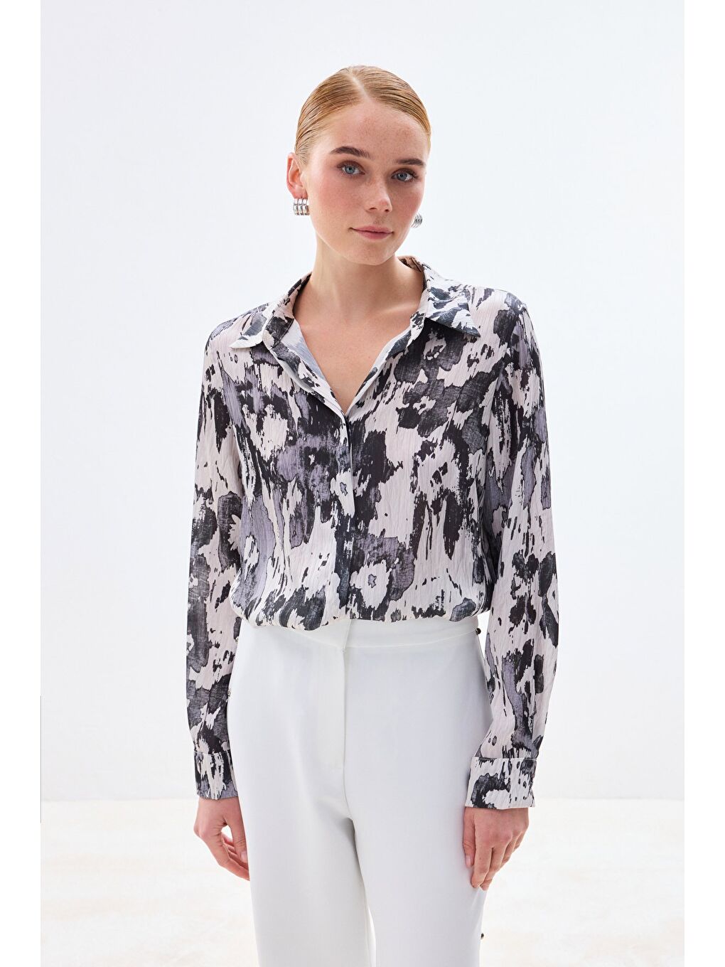 Desenli Düz Kesim Gömlek - Siyah-4