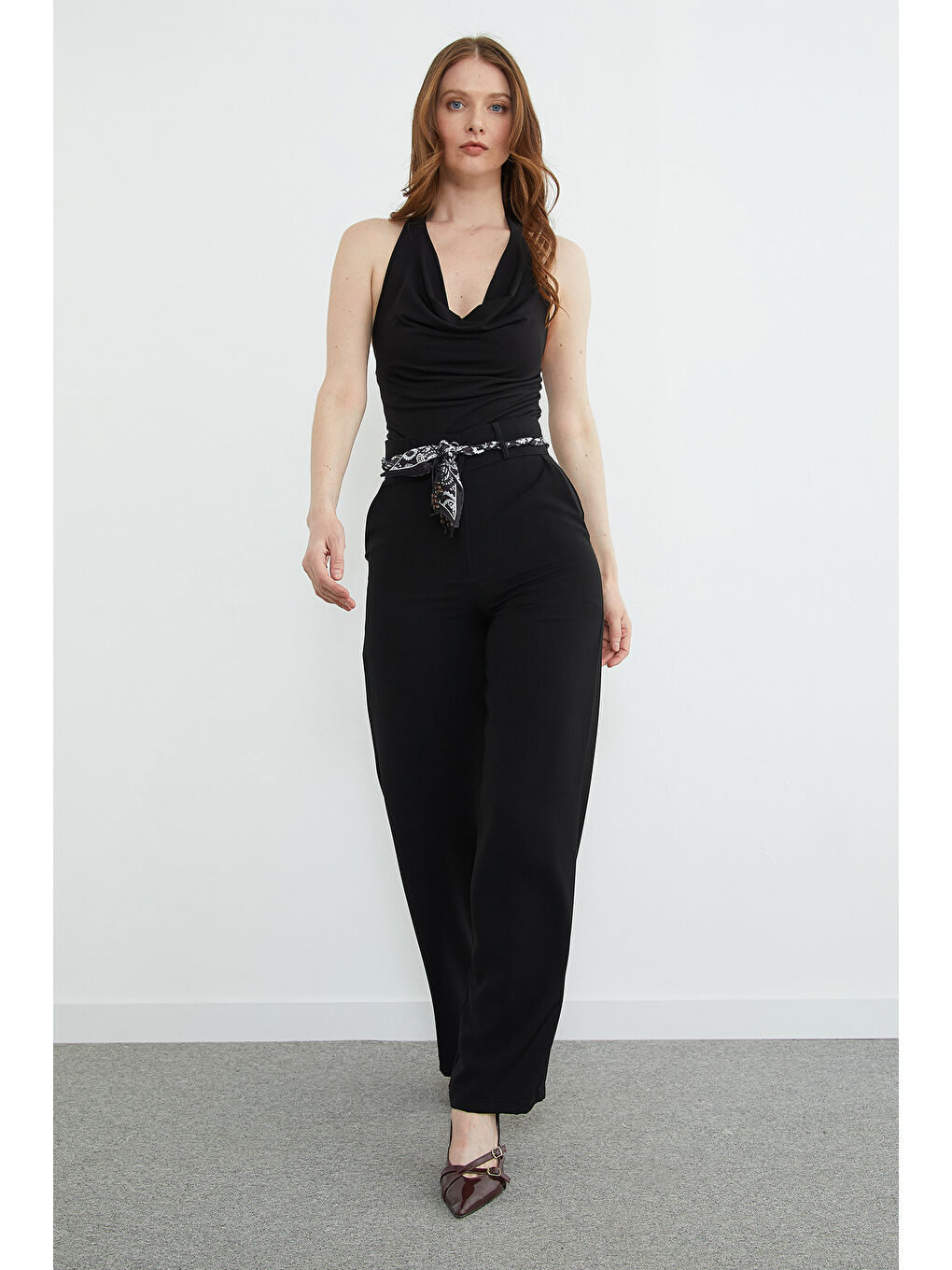 Siyah Kemer Detaylı Yüksek Bel Palazzo Pantolon-4