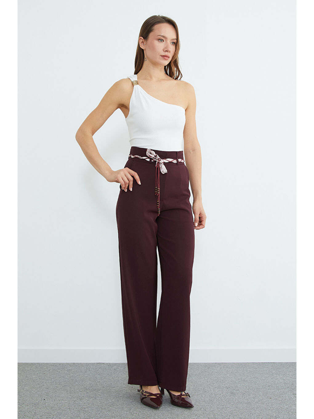 Mürdüm Kemer Detaylı Yüksek Bel Palazzo Pantolon-1