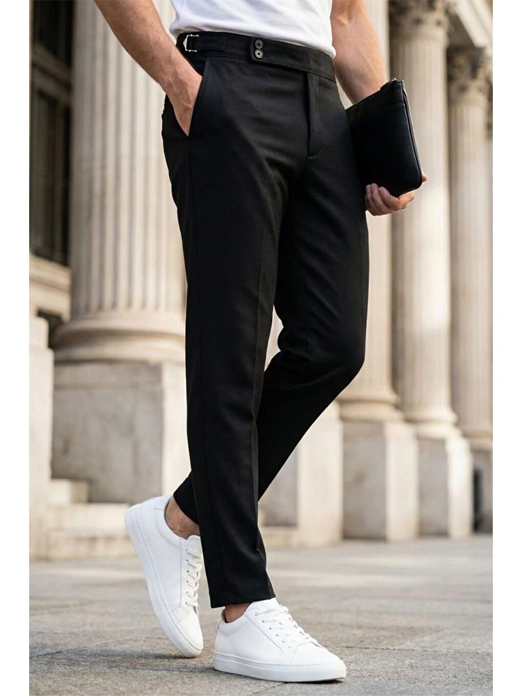 Siyah Gurkha Stil Yan Ayarlı Metal Tokalı Slim Fit Erkek Kumaş Pantolon Özel Kesim Kruvaze Bel