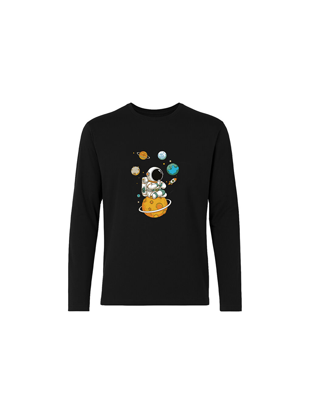 Siyah Erkek Pamuklu Uzun Kollu Üst Astronot Baskılı Alt Çizgili Pijama Takımı-1