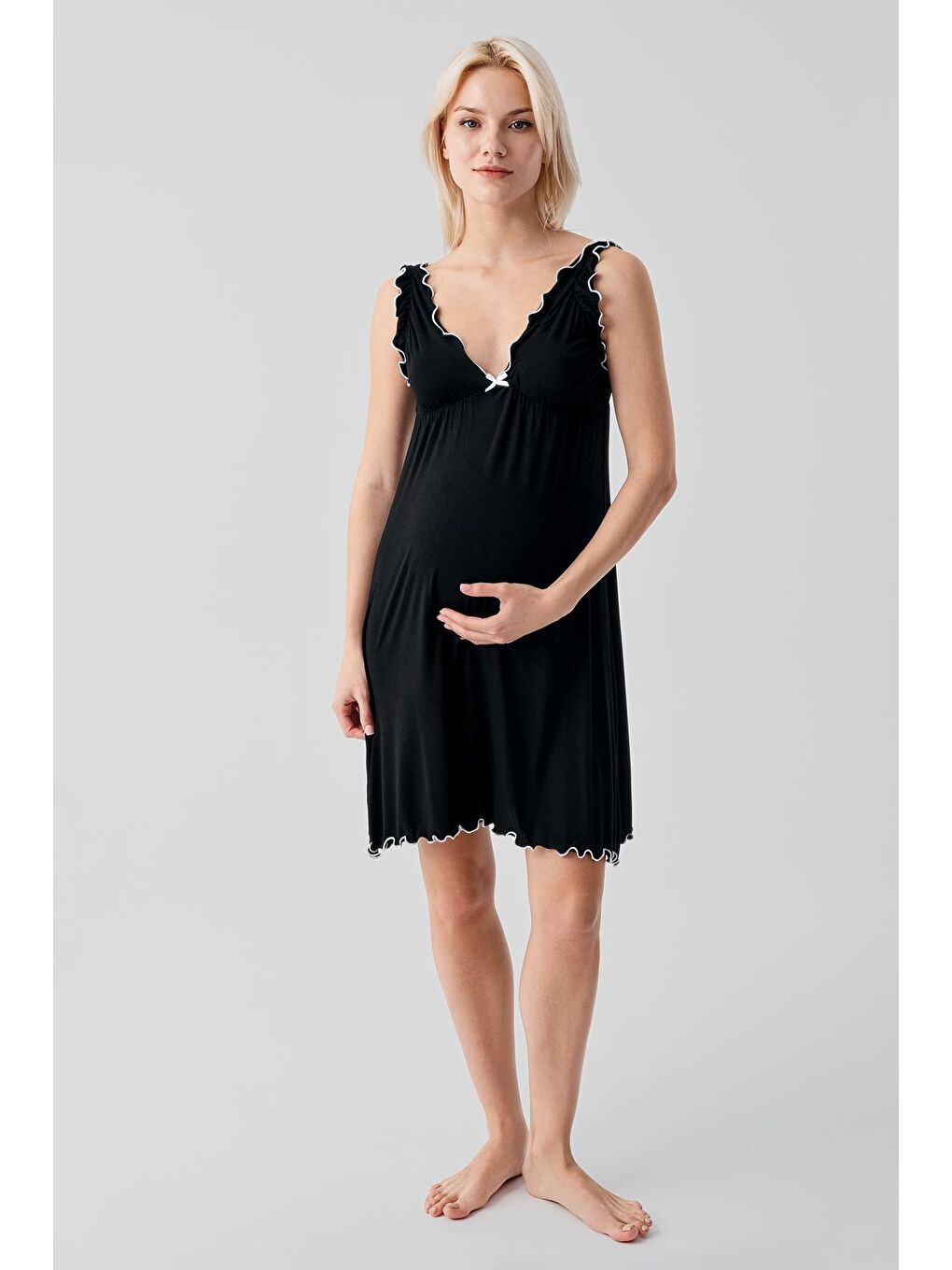 Siyah Askılı Kısa Esnek Elastanlı Viskoz Soft Hamile Sabahlık Gecelik Takım 19400-4