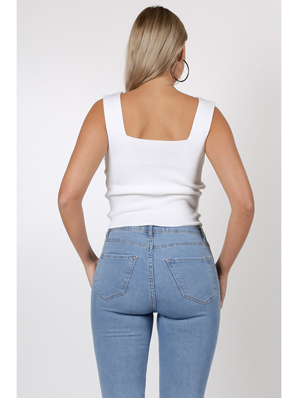 Chiccy Beyaz Kare Yaka Fitted Casual Triko Bluz - 1