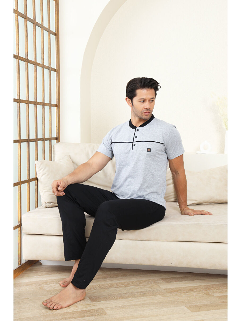 Gri Erkek Pijama Takımı -%100 Pamuk -3 Düğmeli-Yaka Roba Biyeli 12608-1