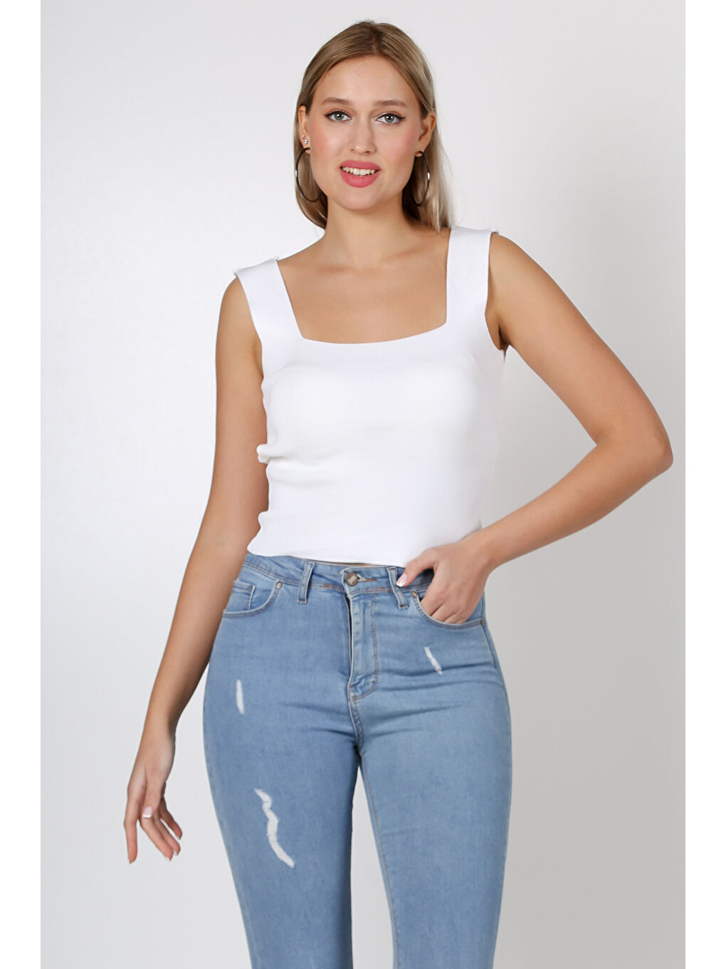 Chiccy Beyaz Kare Yaka Fitted Casual Triko Bluz - 2