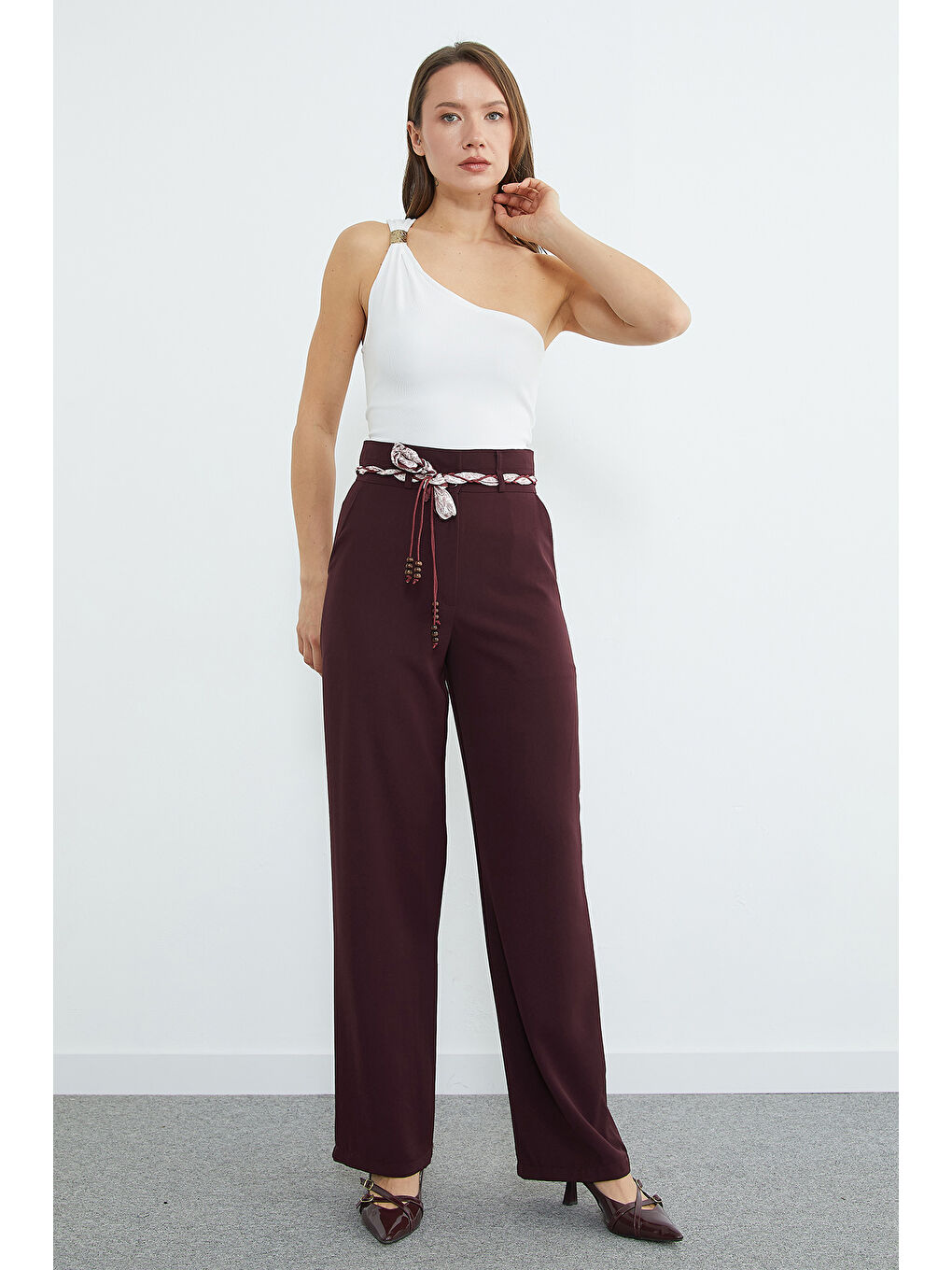 Mürdüm Kemer Detaylı Yüksek Bel Palazzo Pantolon-2