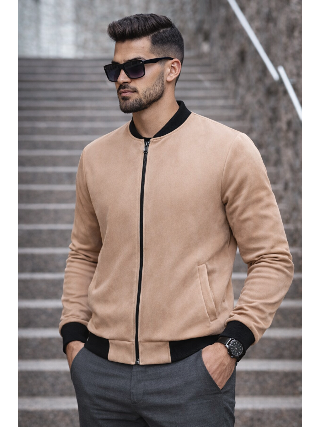 Kahverengi Erkek Basic Dar Kalıp Kahve Nubuk Ceket-4