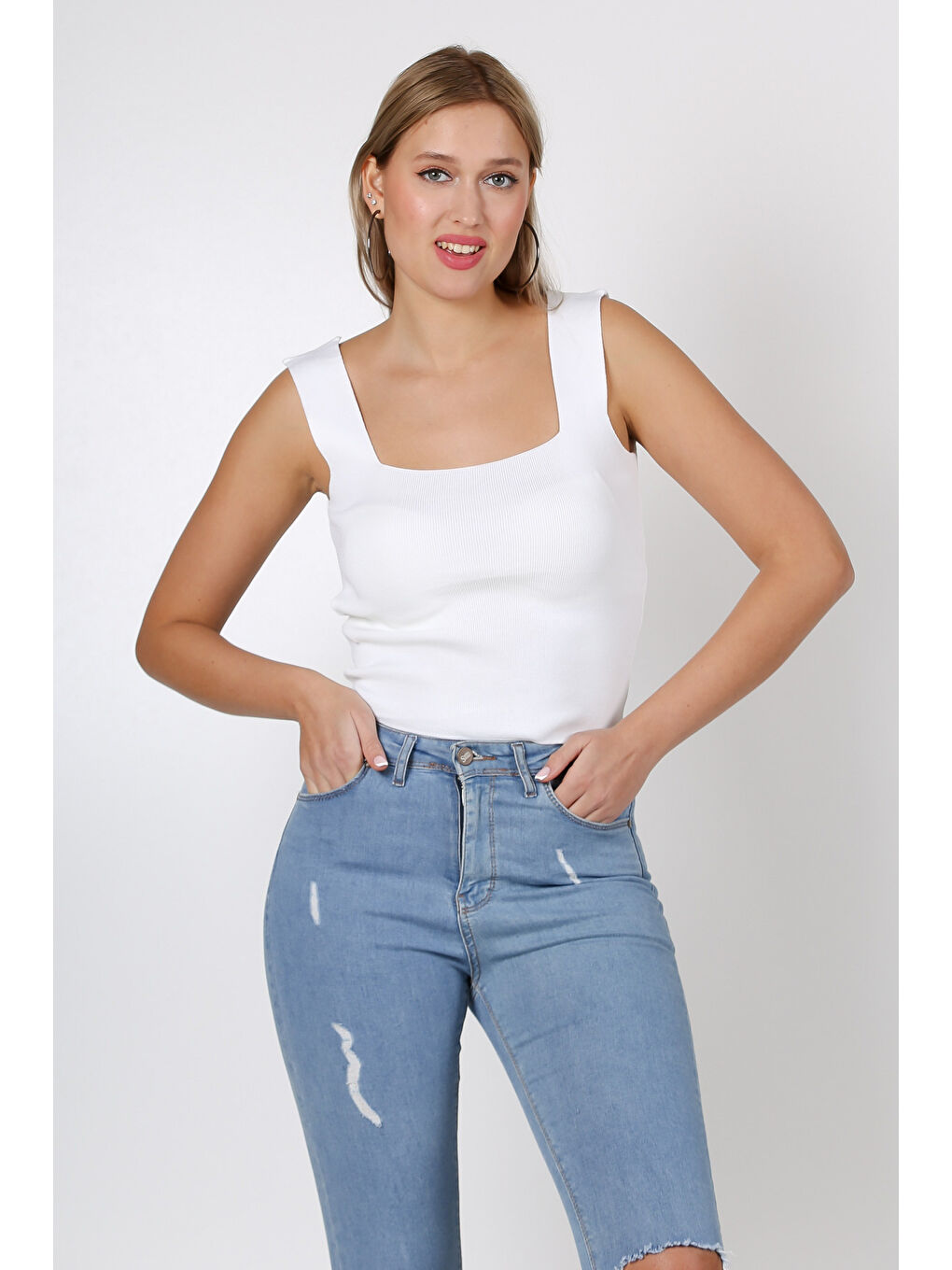 Chiccy Beyaz Kare Yaka Fitted Casual Triko Bluz - 3