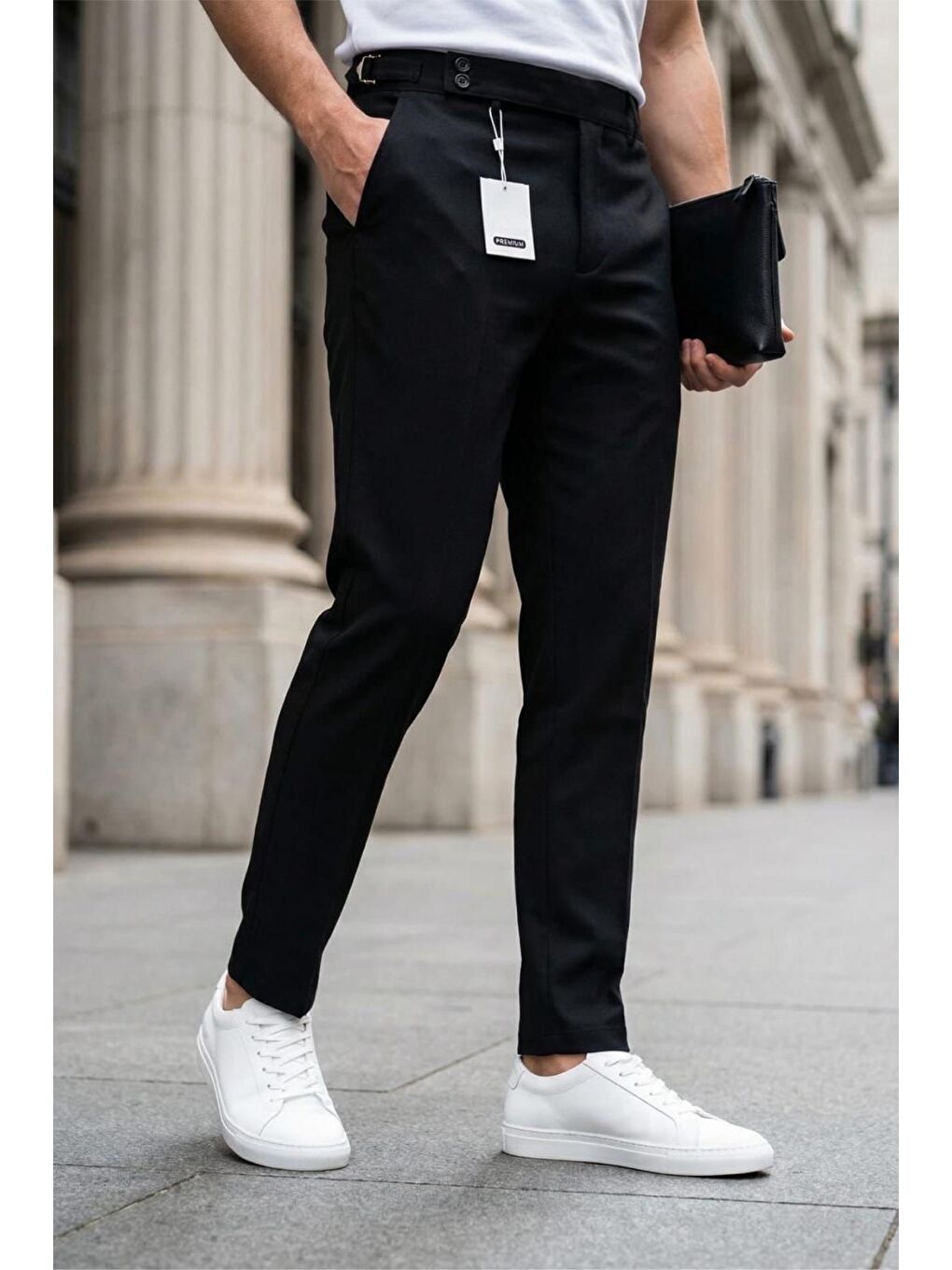 Siyah Gurkha Stil Yan Ayarlı Metal Tokalı Slim Fit Erkek Kumaş Pantolon Özel Kesim Kruvaze Bel-1