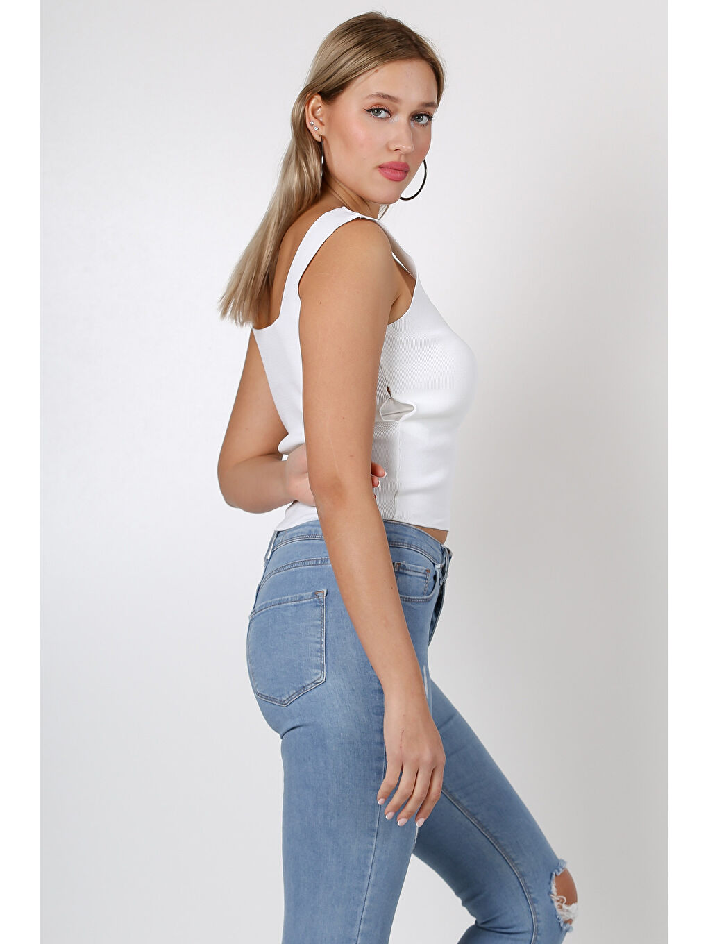 Chiccy Beyaz Kare Yaka Fitted Casual Triko Bluz - 4