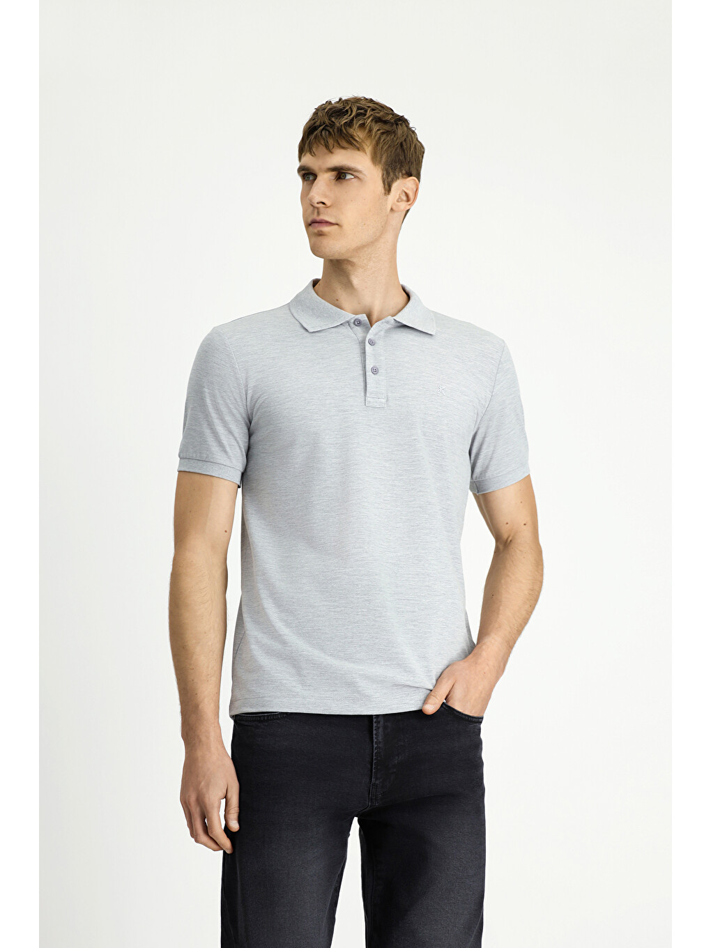 Gri Slim Fit Dar Kesim Pamuk Kıvrılmaz Polo Yaka Tişört