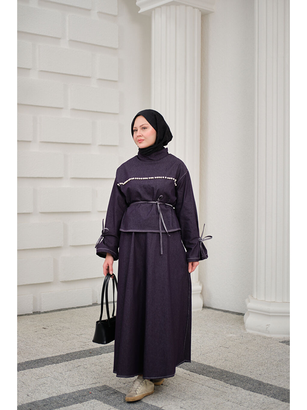 Kadın Önü İnci Detay Süs Dikiş Kemerli Hakim Yaka Takım Mor-2