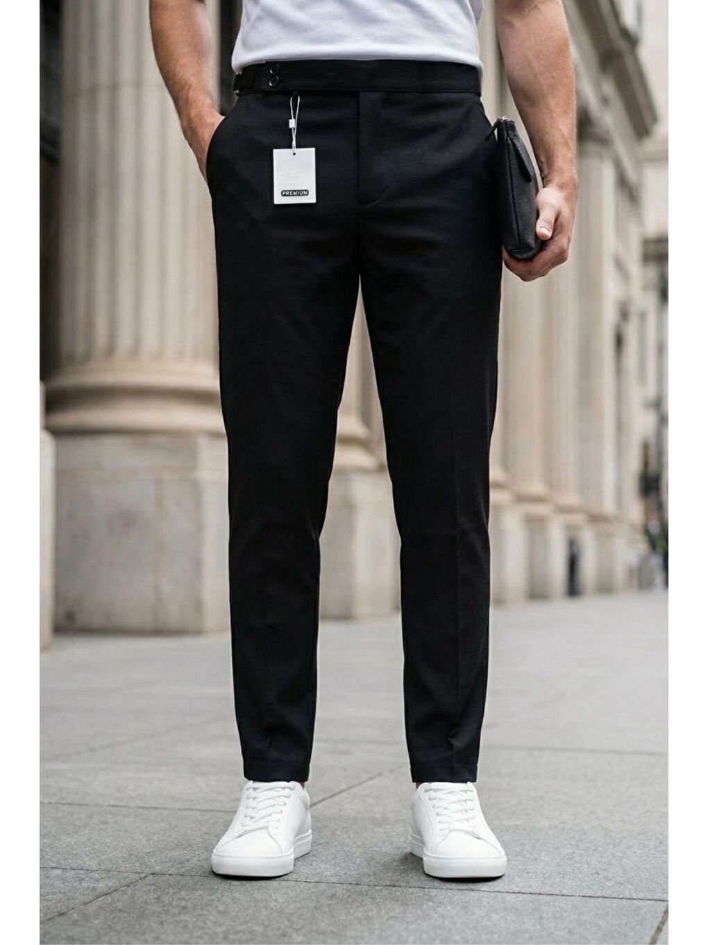 Siyah Gurkha Stil Yan Ayarlı Metal Tokalı Slim Fit Erkek Kumaş Pantolon Özel Kesim Kruvaze Bel-2