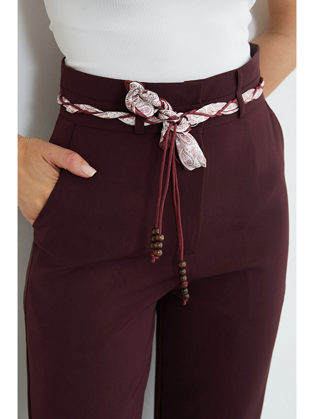 Mürdüm Kemer Detaylı Yüksek Bel Palazzo Pantolon-3