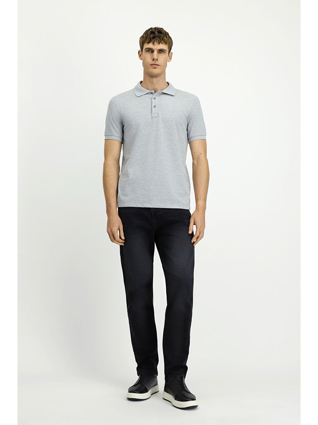 Gri Slim Fit Dar Kesim Pamuk Kıvrılmaz Polo Yaka Tişört-1