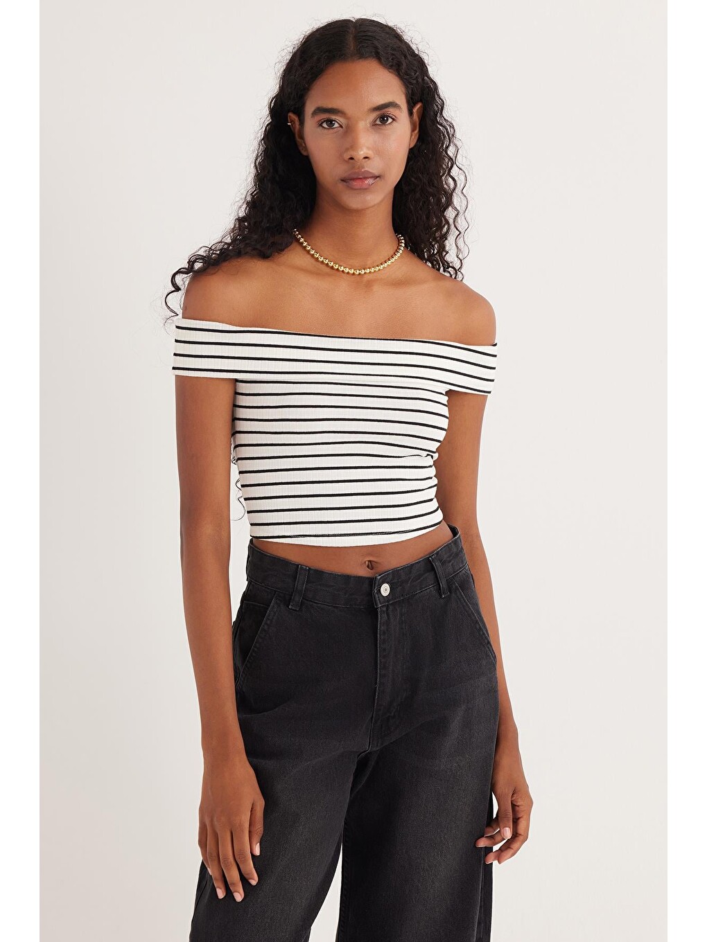 Karışık Kadın Slim Fit Dar Kesim Çizgili Straplez Bluz-1