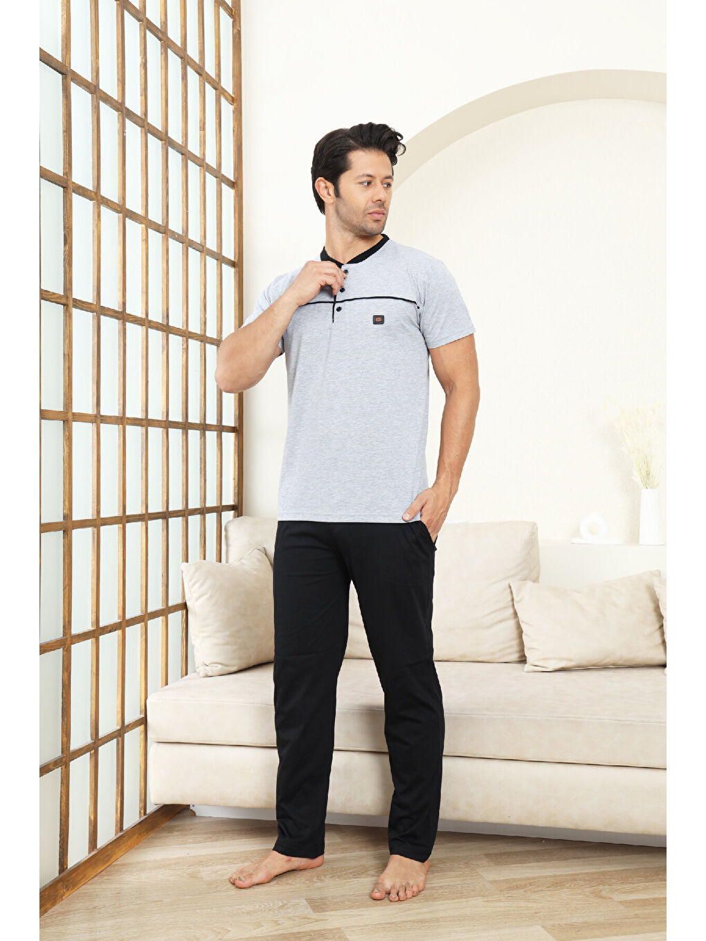 Gri Erkek Pijama Takımı -%100 Pamuk -3 Düğmeli-Yaka Roba Biyeli 12608-2